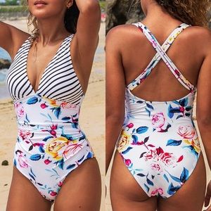 NWT CUPSHE V Neck Cross-back Ruched Tummy Control